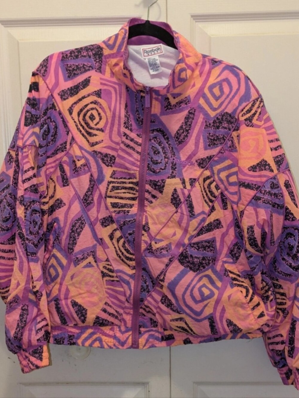 Vintage Reebok Women’s Pink, Purple & Orange Abstract Bomber Jacket